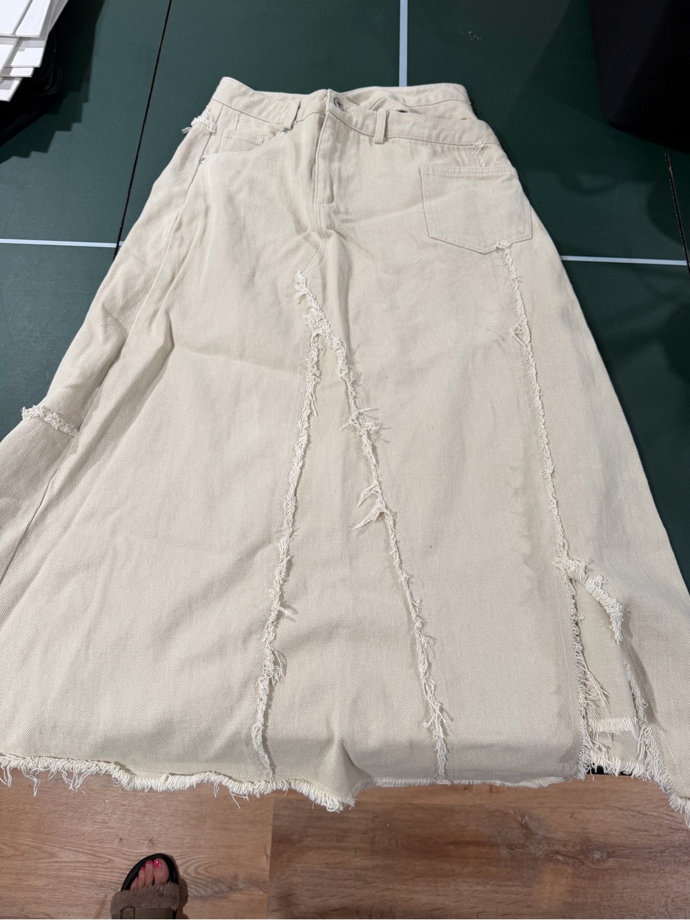 Frayed Panel Asymmetrical Midi Skirt in Cream